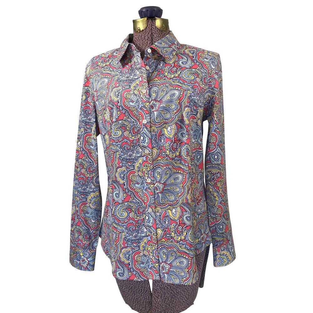 Talbots Cotton Blend Classic Button Front Shirt Floral Paisley Size 10